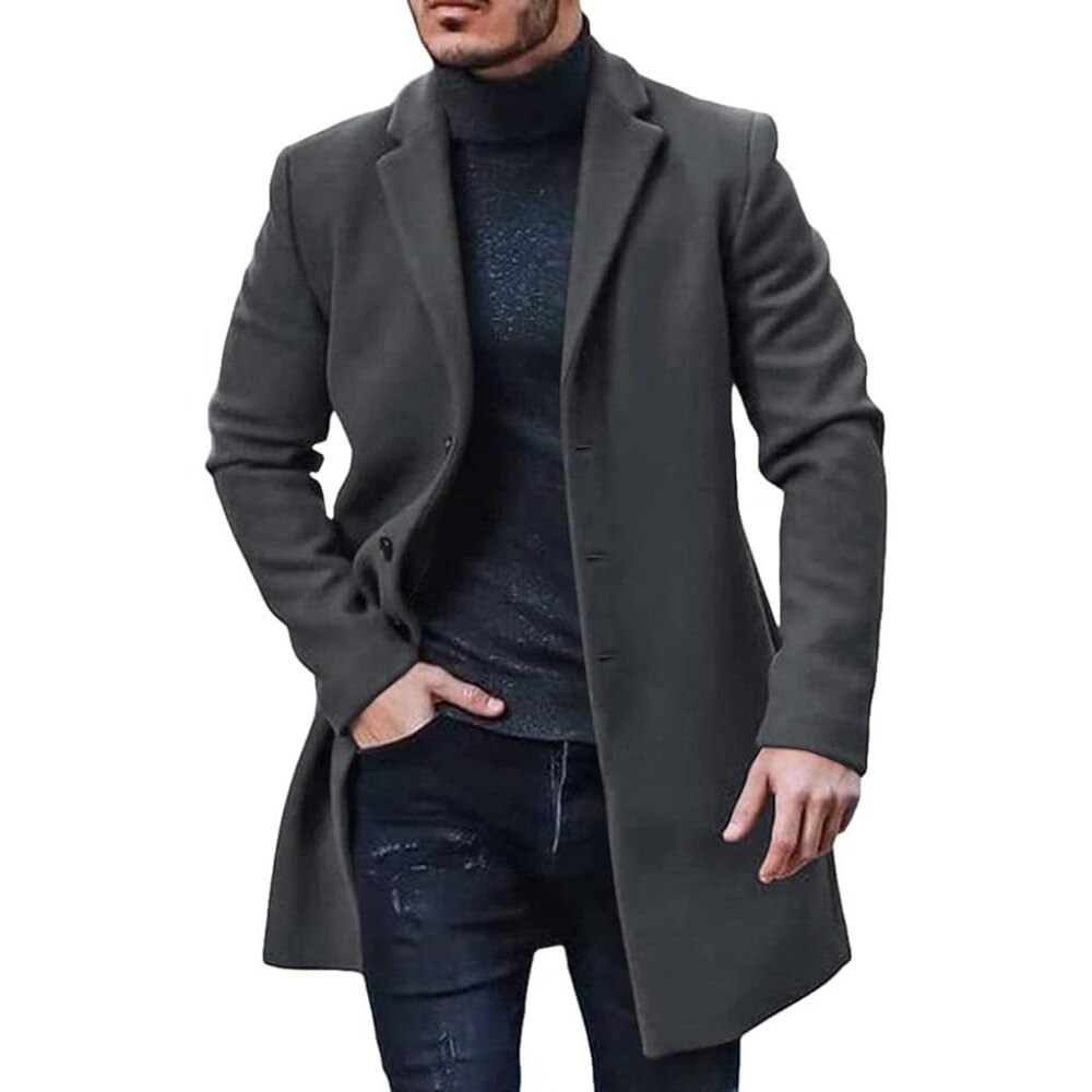 💫 Men Grey Long Trench Coat Slim Fit Single Breasted Winter Warm Cotton Jacket - Picture 1 of 4